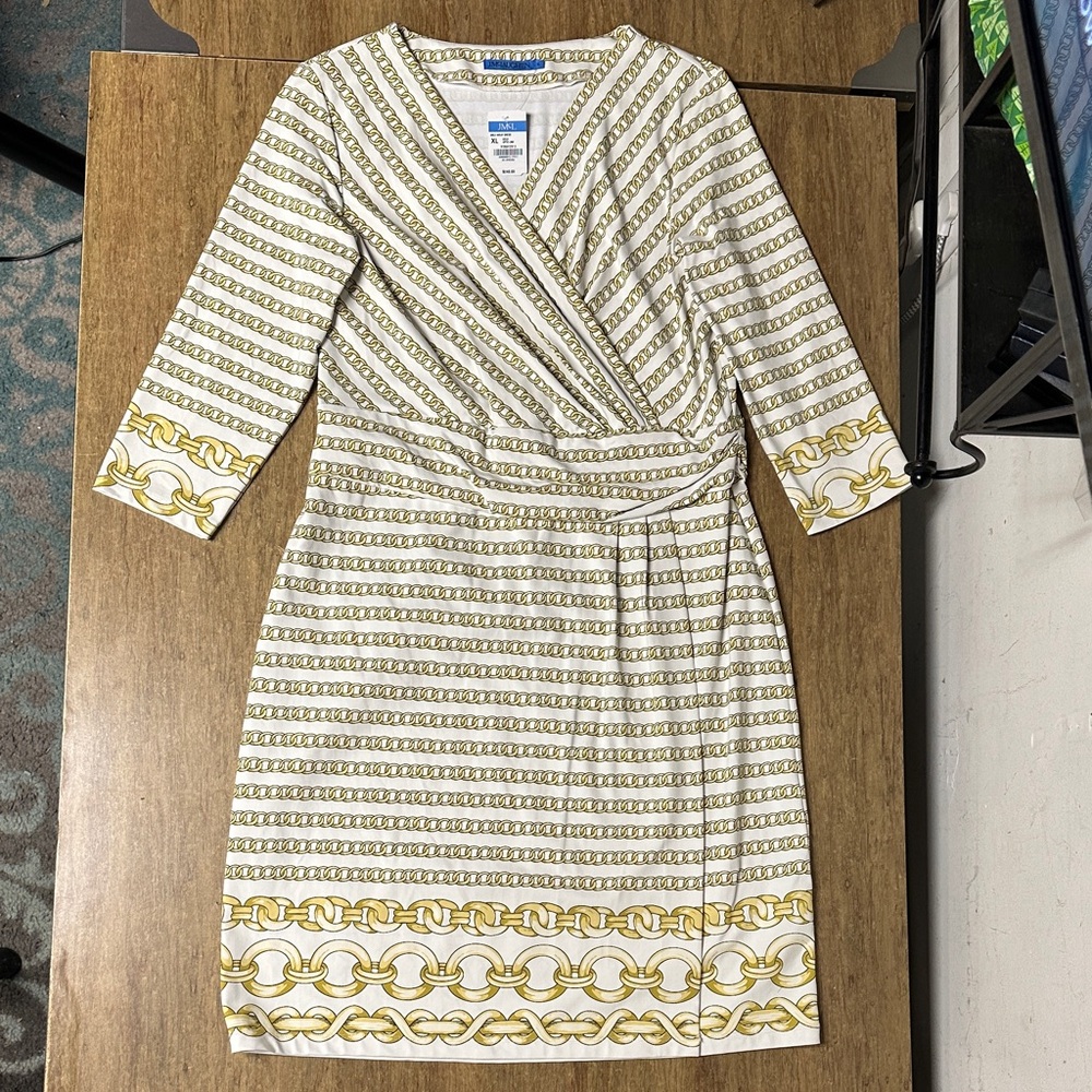 J. McLaughlin nwt Brea wrap gold optic link chain print white stretchy dress - Picture 4 of 9